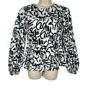 Onirik Black White Print Blouse Sz L Cotton Stretch Long Sleeve Made in Romania